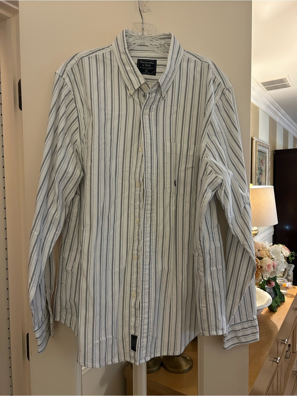Abercrombie & Fitch White and Gray Striped Button-Down Shirt